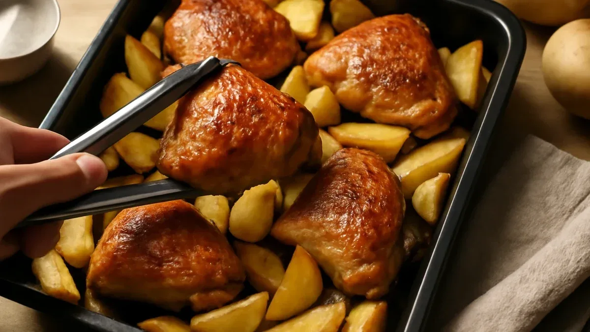 Cosce di pollo e patate nella stessa teglia