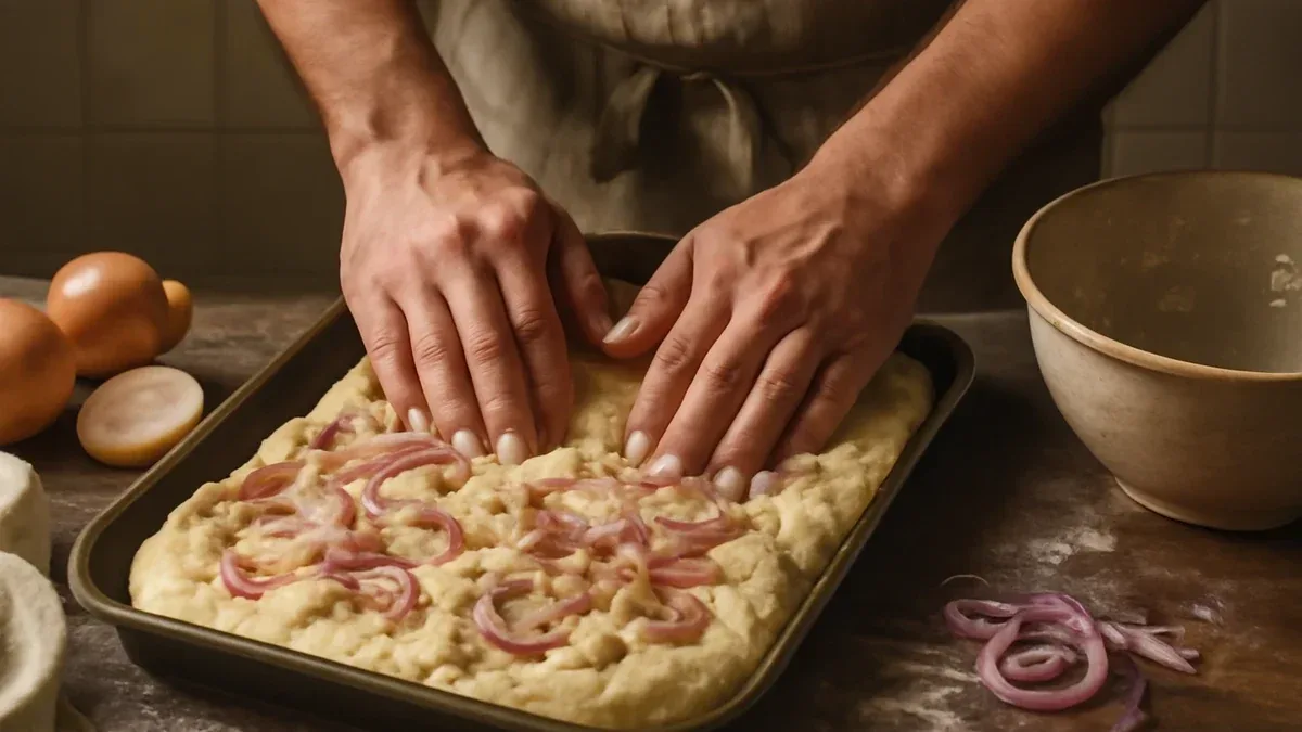 Focaccia sottile in teglia con cipolle