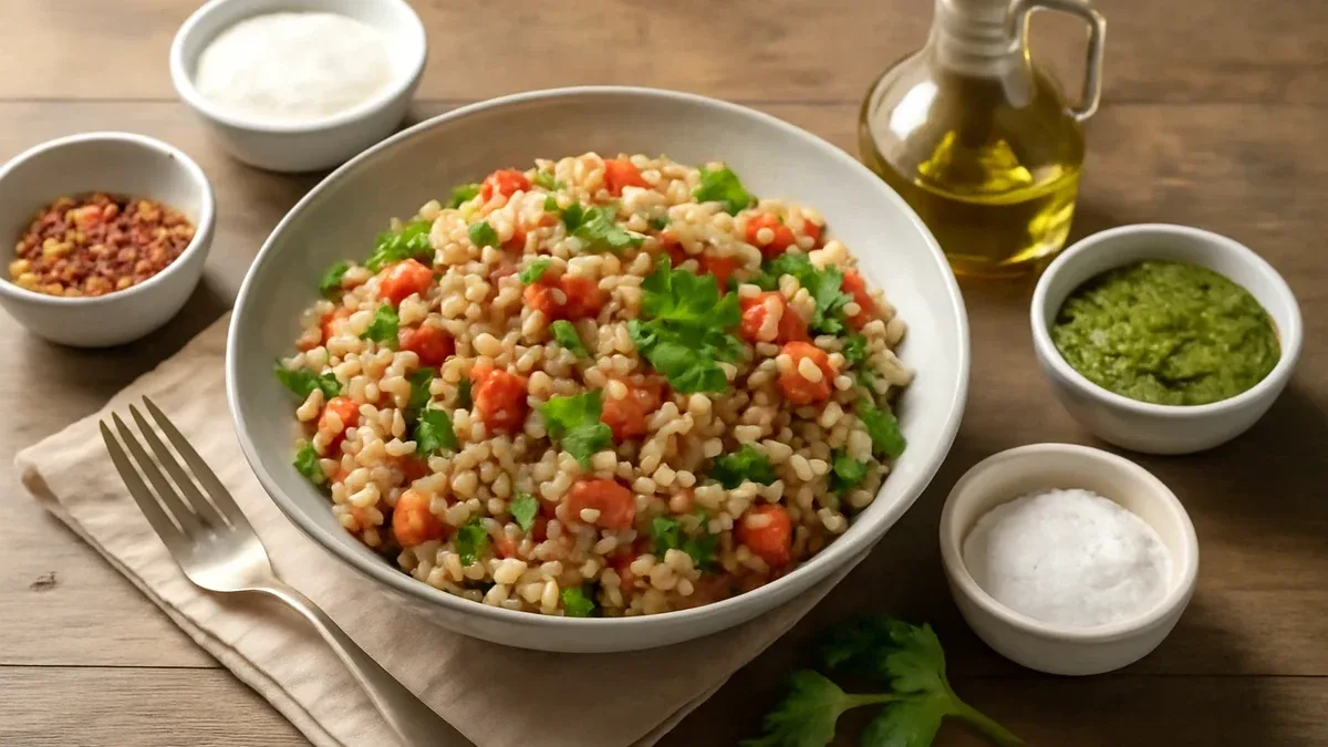 Cous cous con ceci, peperoni arrostiti e prezzemolo