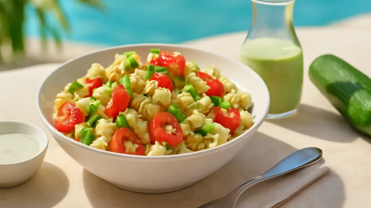 Pasta fredda con pesto di rucola, pomodorini e mozzarella